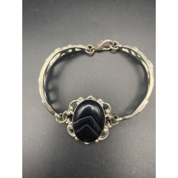 Vintage Black Onyx Cabochon Silver Plated Bracelet Signed Armuna Mexico Artisan - Picture 3 of 10